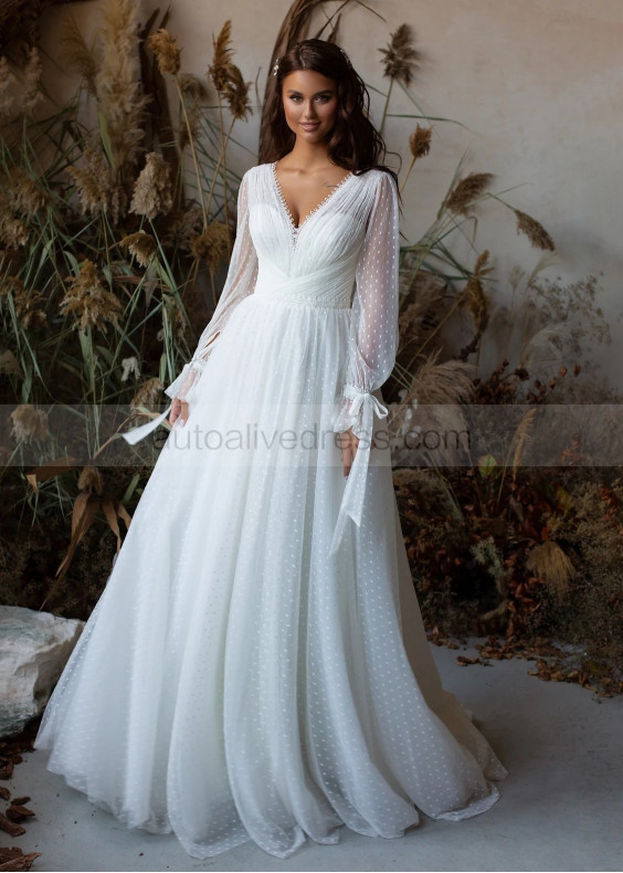 Ivory Polka Dot Tulle Lace Ruched Wedding Dress